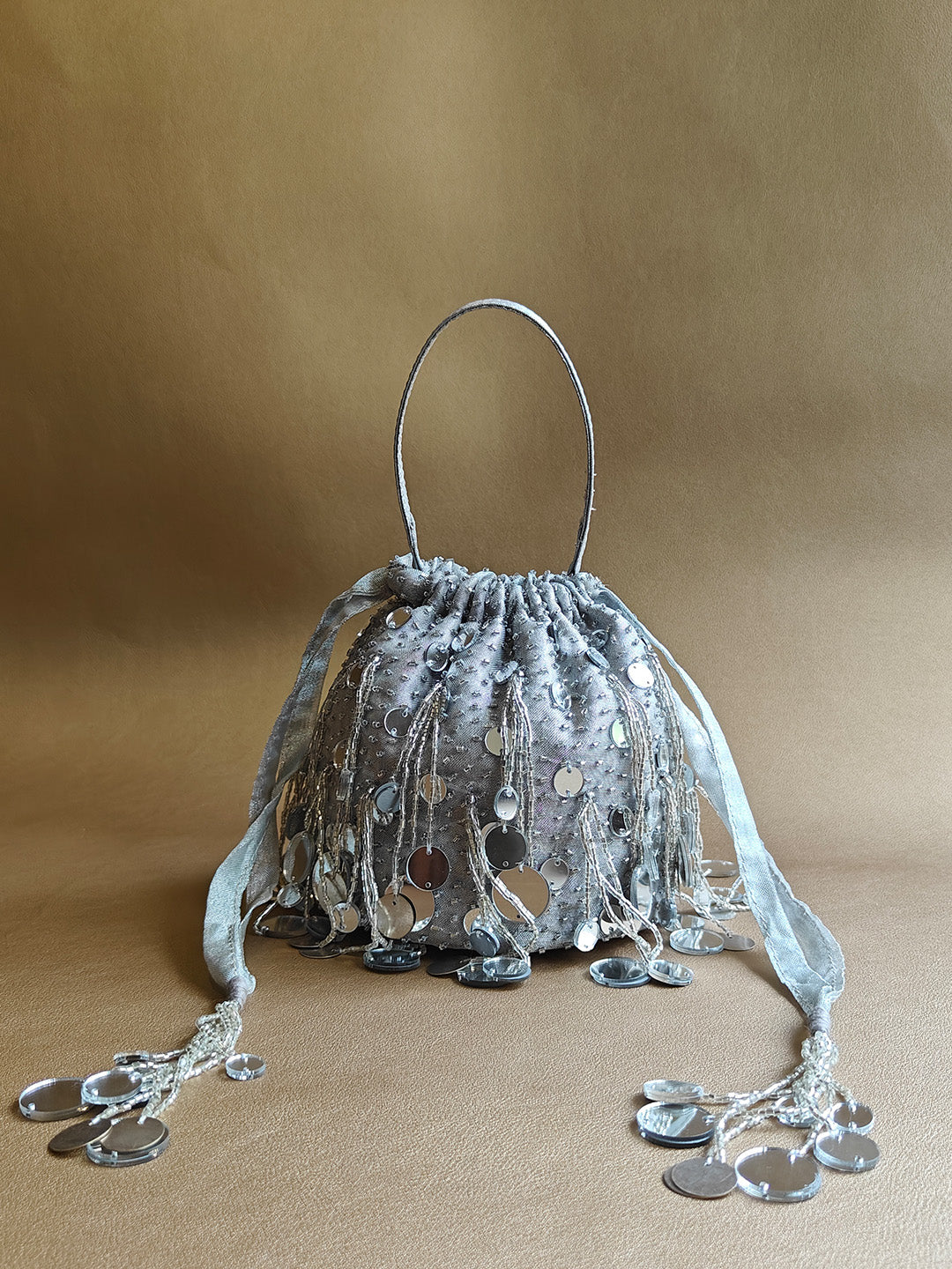 Round Mirror Potli - Silver