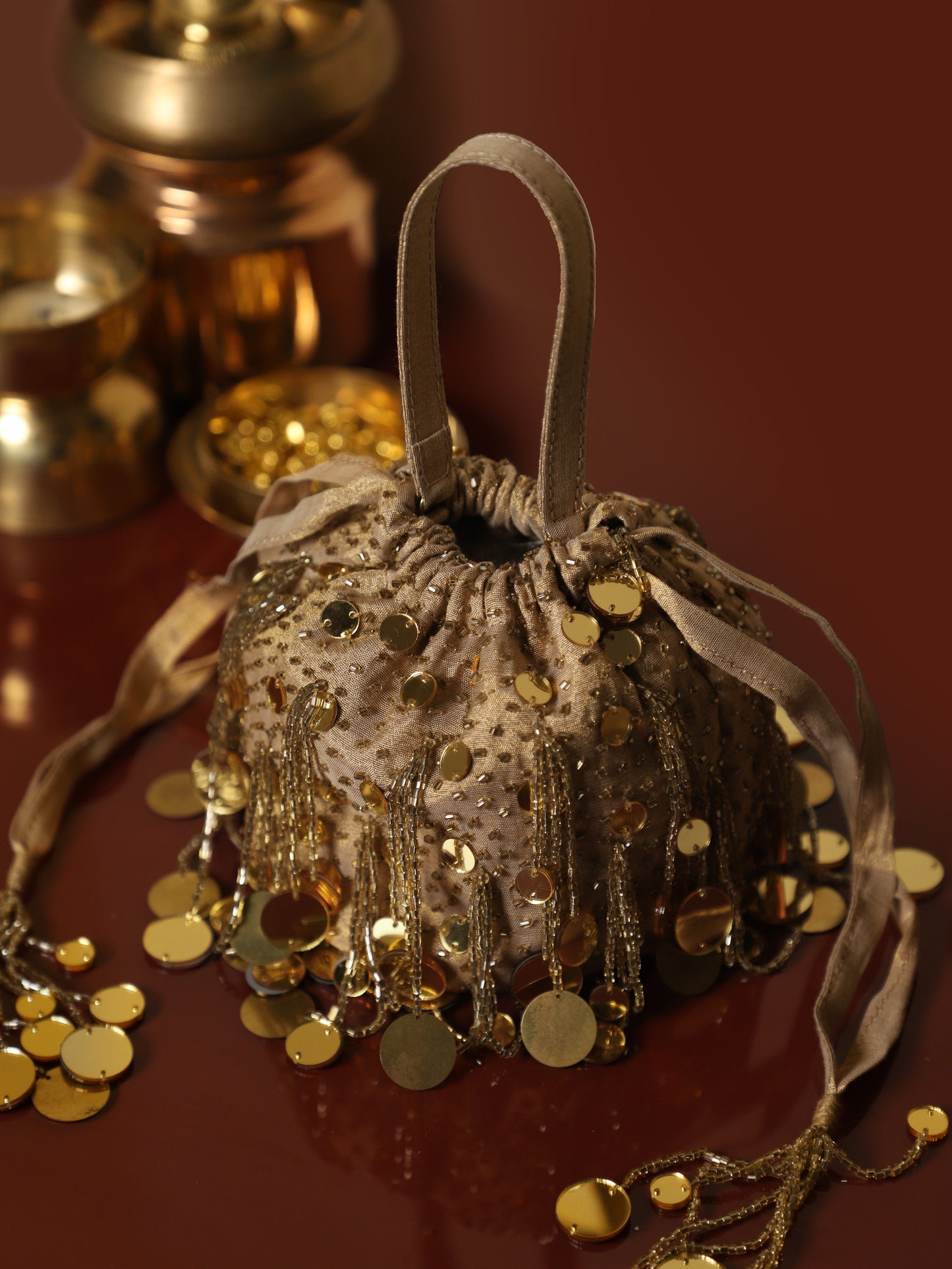 Round Mirror Potli - Gold