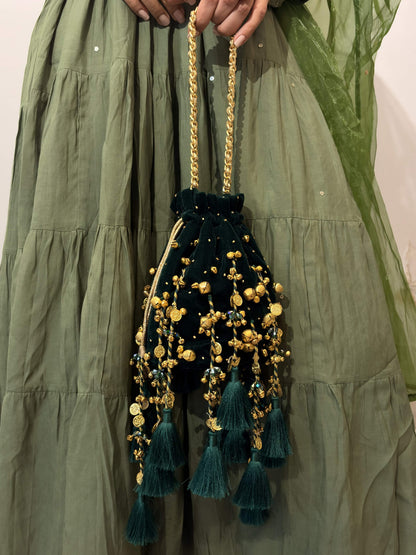 Bottle Green Tassel Potli