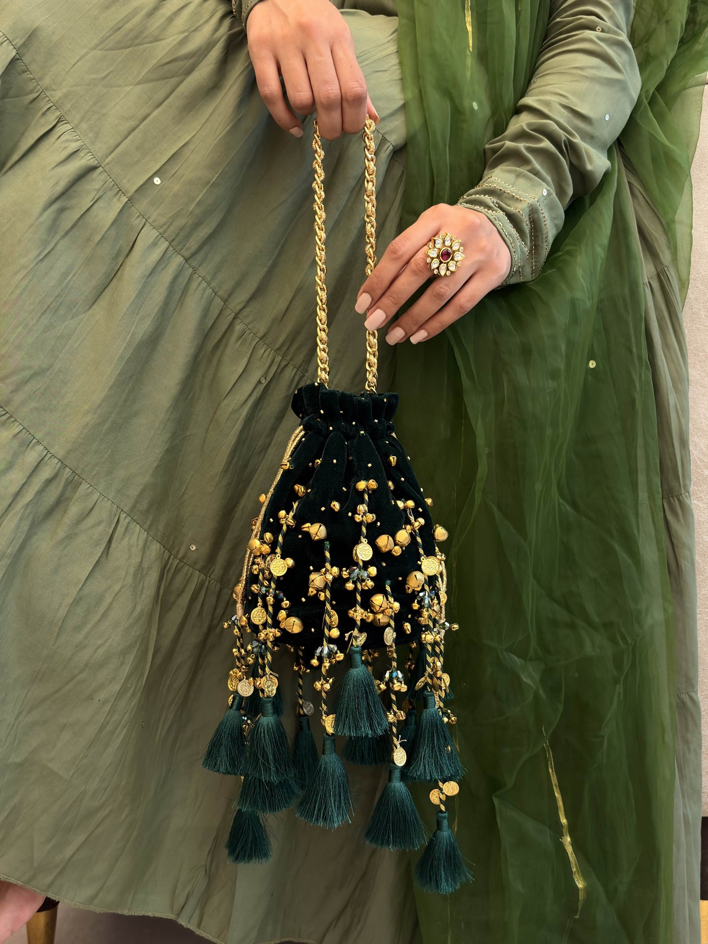 Bottle Green Tassel Potli