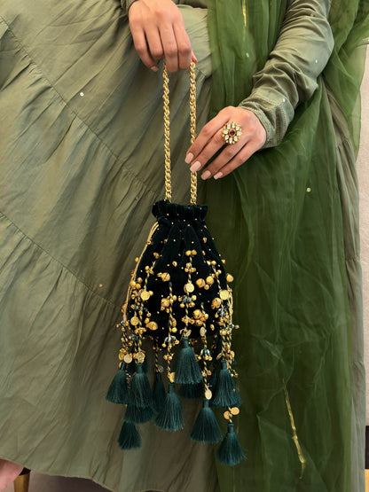Bottle Green Tassel Potli