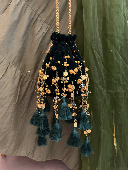 Bottle Green Tassel Potli