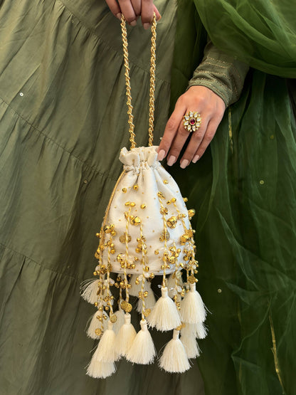 Pearl White Tassel Potli