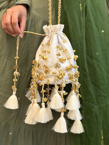Pearl White Tassel Potli