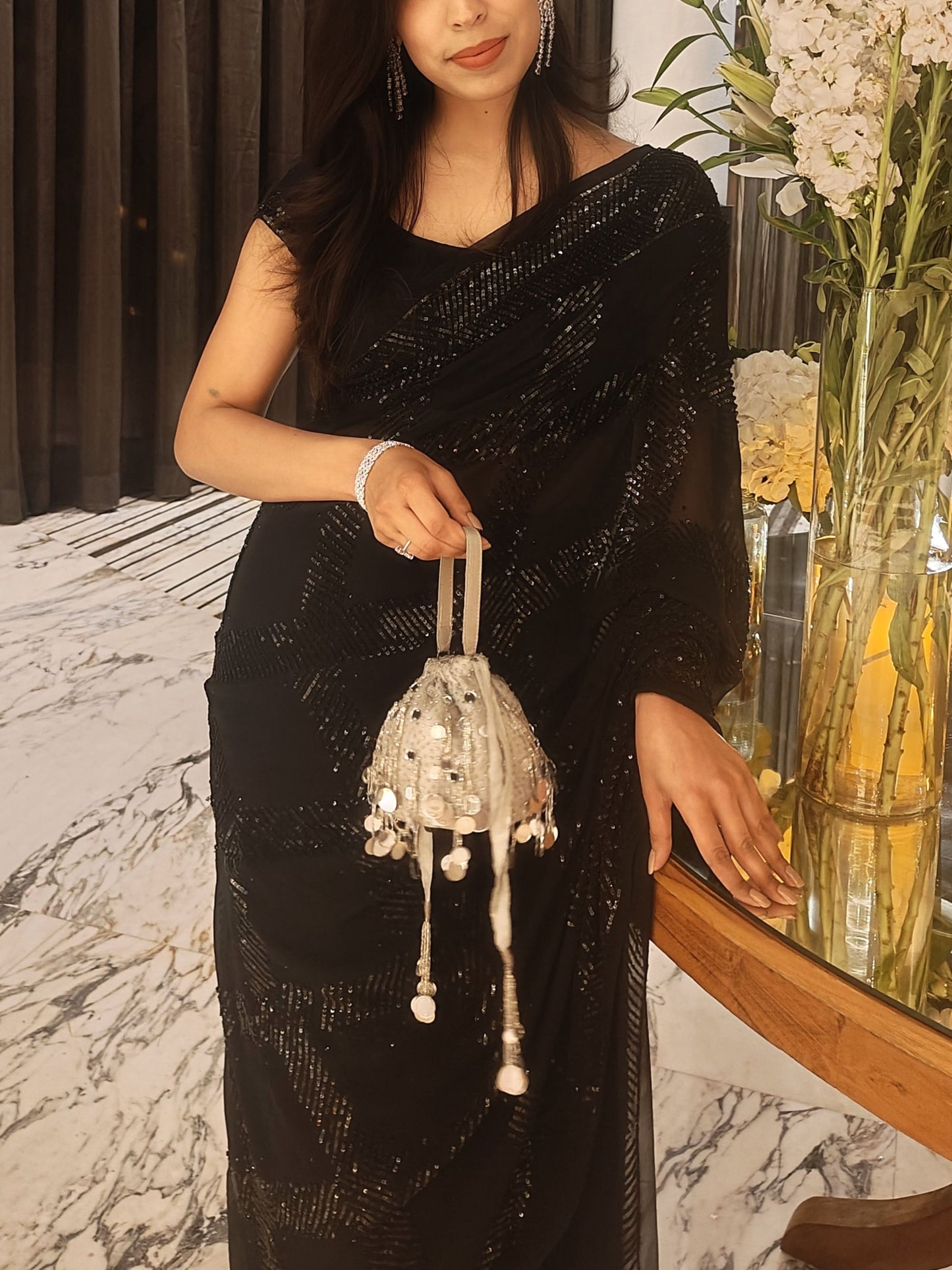 Round Mirror Potli - Silver