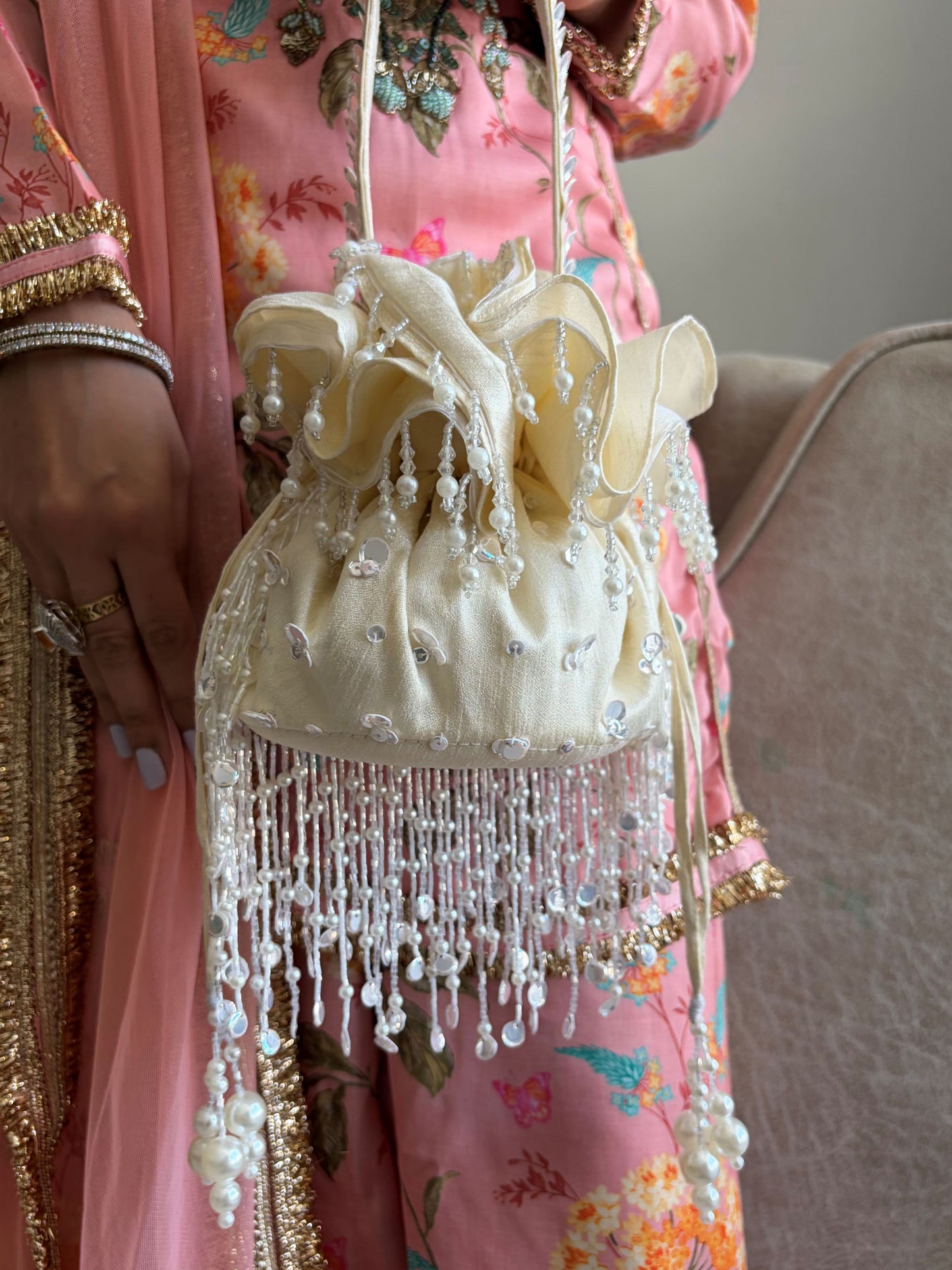 Anaar Potli Bag in Pearl White