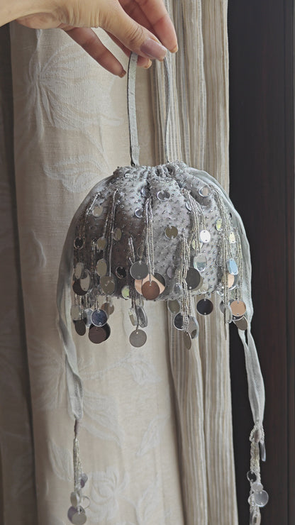 Round Mirror Potli - Silver